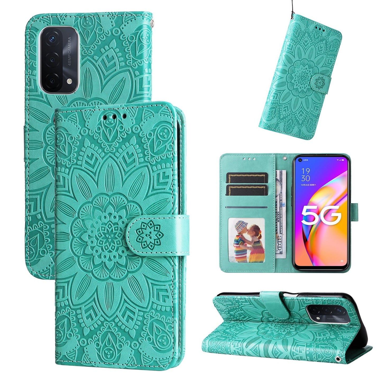OPPO A74 5G Sunflower Embossed Leather Wallet Phone Case with Kickstand and Card Holder