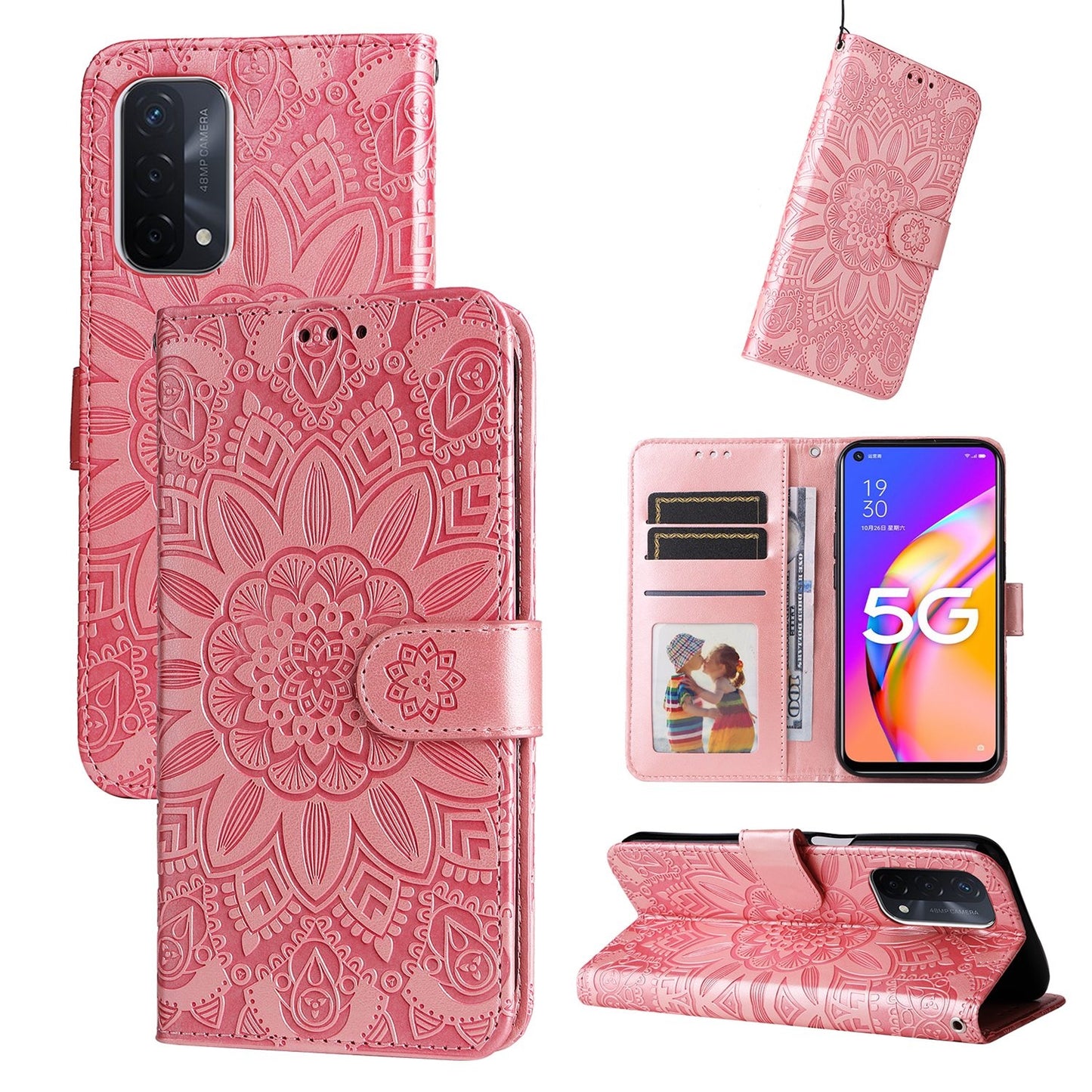 OPPO A54 5G Sunflower Embossed Leather Wallet Phone Case with Kickstand and Card Holder
