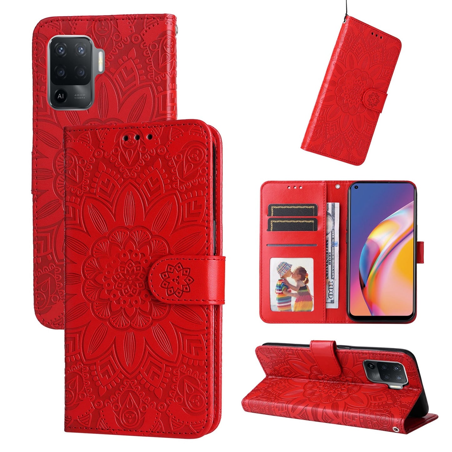 OPPO A94 4G Sunflower Embossed Leather Wallet Phone Case with Kickstand and Card Holder