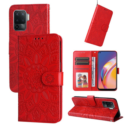 OPPO A94 4G Sunflower Embossed Leather Wallet Phone Case with Kickstand and Card Holder