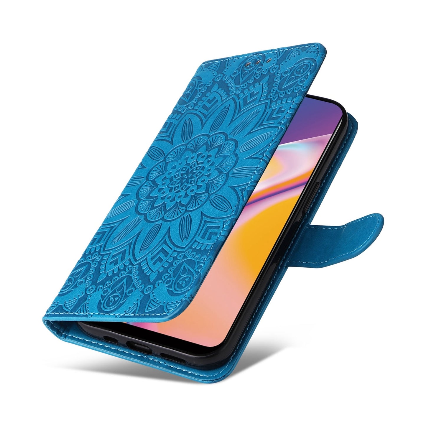 OPPO Reno5 F Sunflower Embossed Leather Wallet Phone Case with Kickstand and Card Holder