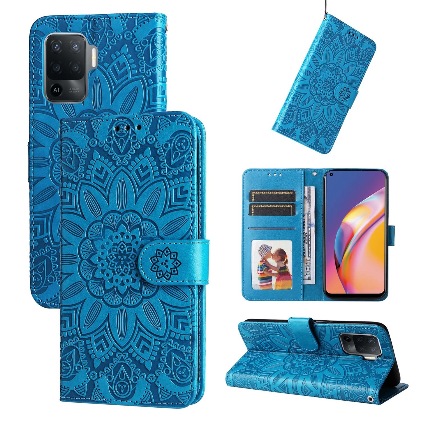 OPPO F19 Pro Sunflower Embossed Leather Wallet Phone Case with Kickstand and Card Holder
