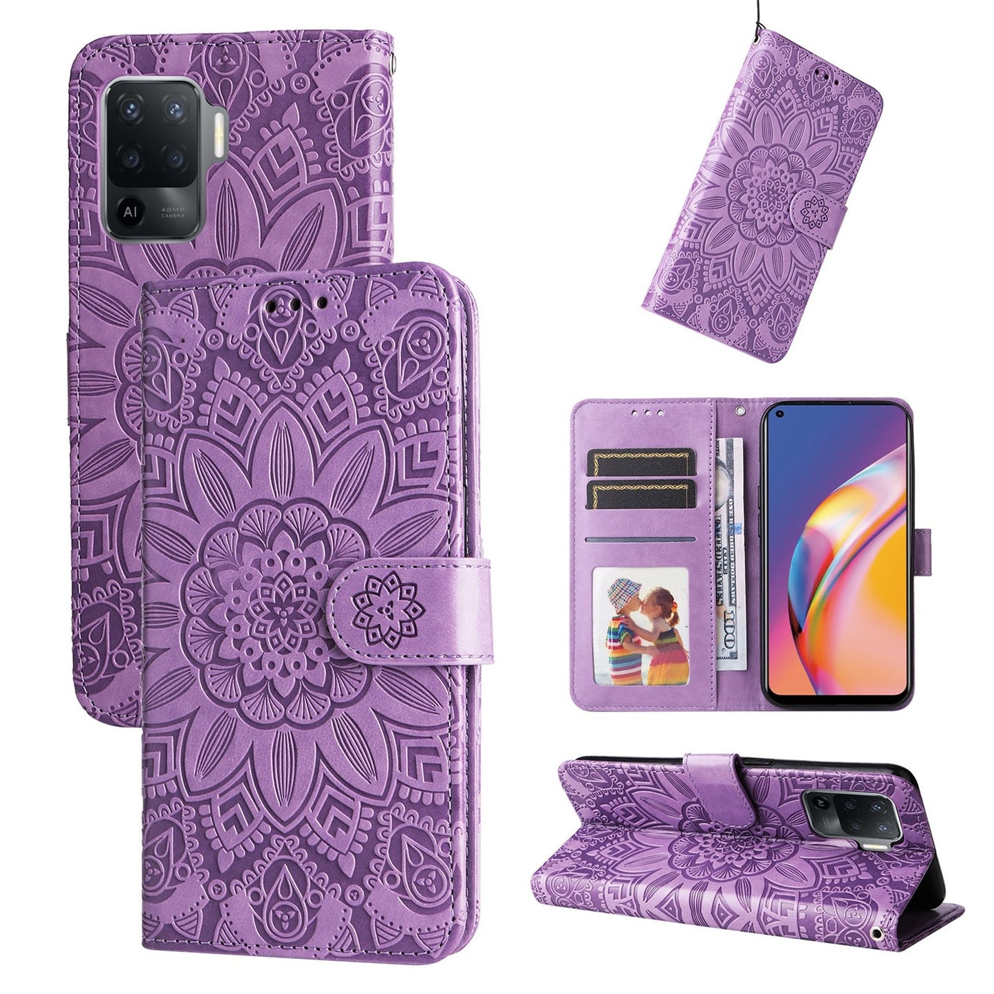 OPPO Reno5 F Sunflower Embossed Leather Wallet Phone Case with Kickstand and Card Holder