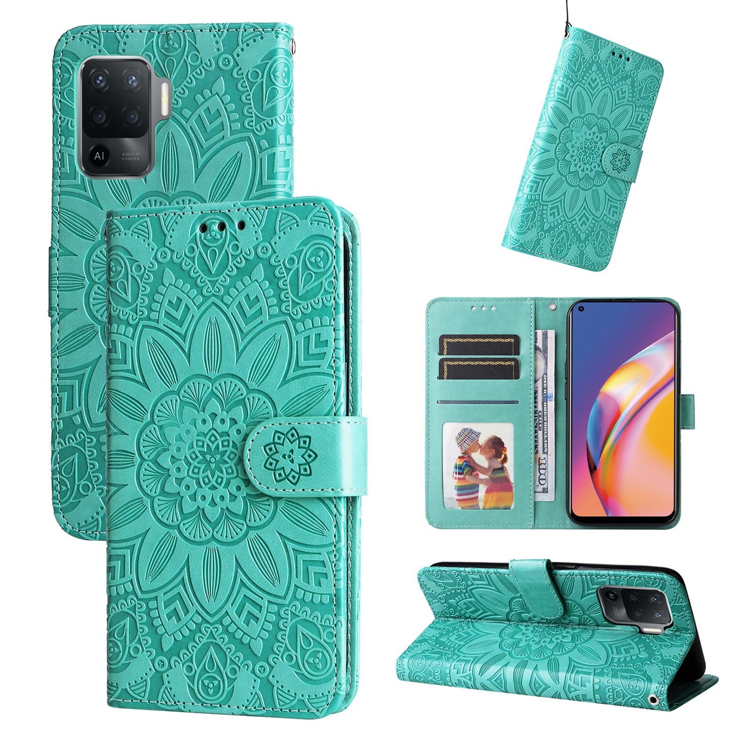 OPPO A94 4G Sunflower Embossed Leather Wallet Phone Case with Kickstand and Card Holder
