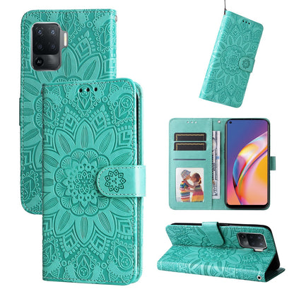OPPO Reno5 F Sunflower Embossed Leather Wallet Phone Case with Kickstand and Card Holder