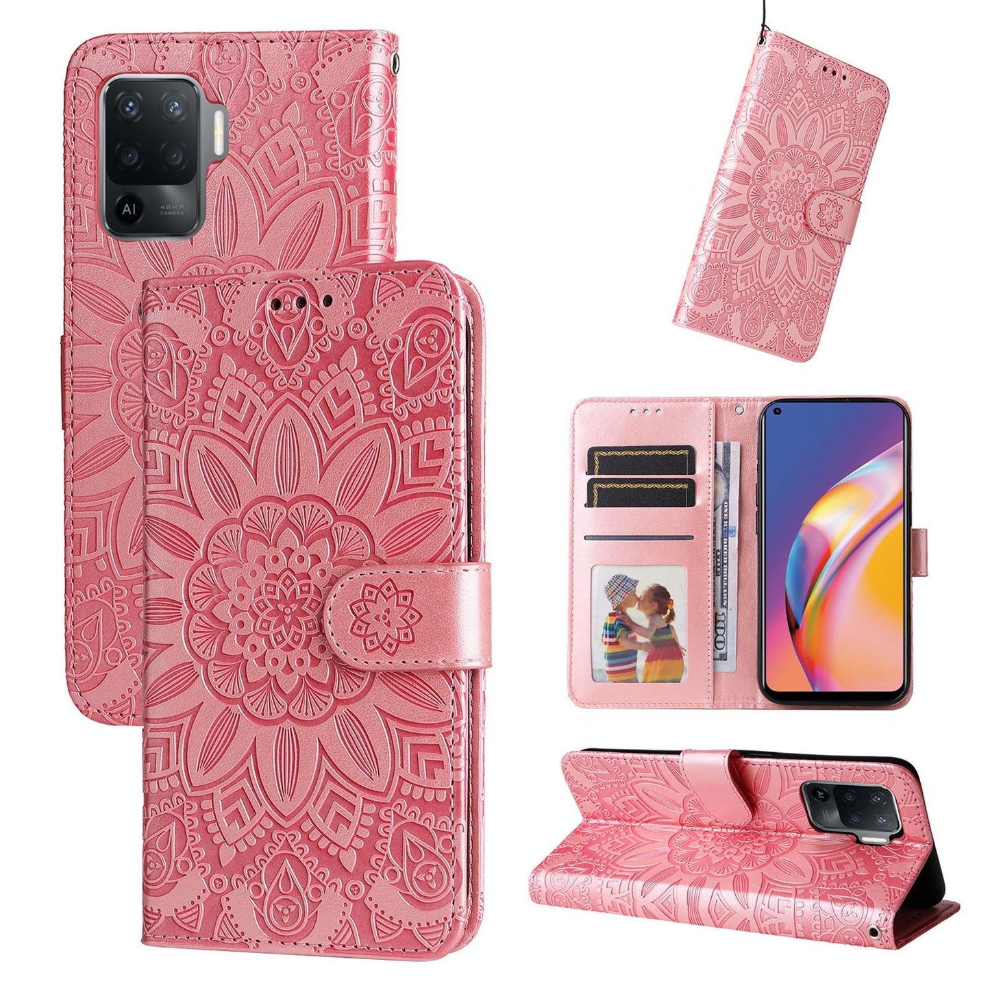 OPPO F19 Pro Sunflower Embossed Leather Wallet Phone Case with Kickstand and Card Holder