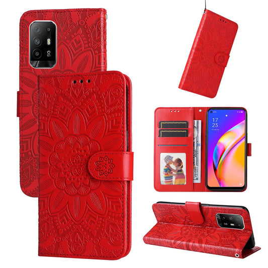 OPPO F19 Pro+ Sunflower Embossed Leather Wallet Phone Case with Kickstand and Card Holder