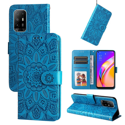 OPPO A94 5G Sunflower Embossed Leather Wallet Phone Case with Kickstand and Card Holder