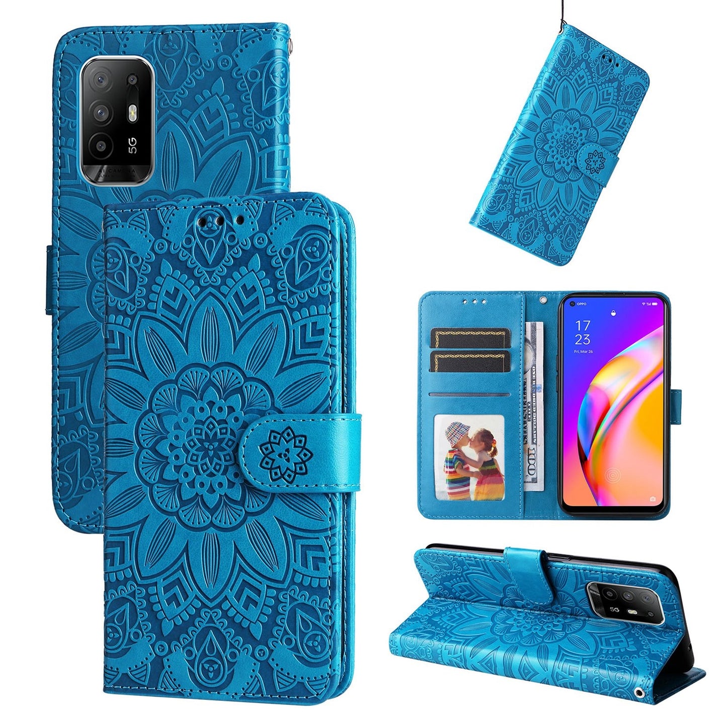 OPPO A95 5G Sunflower Embossed Leather Wallet Phone Case with Kickstand and Card Holder