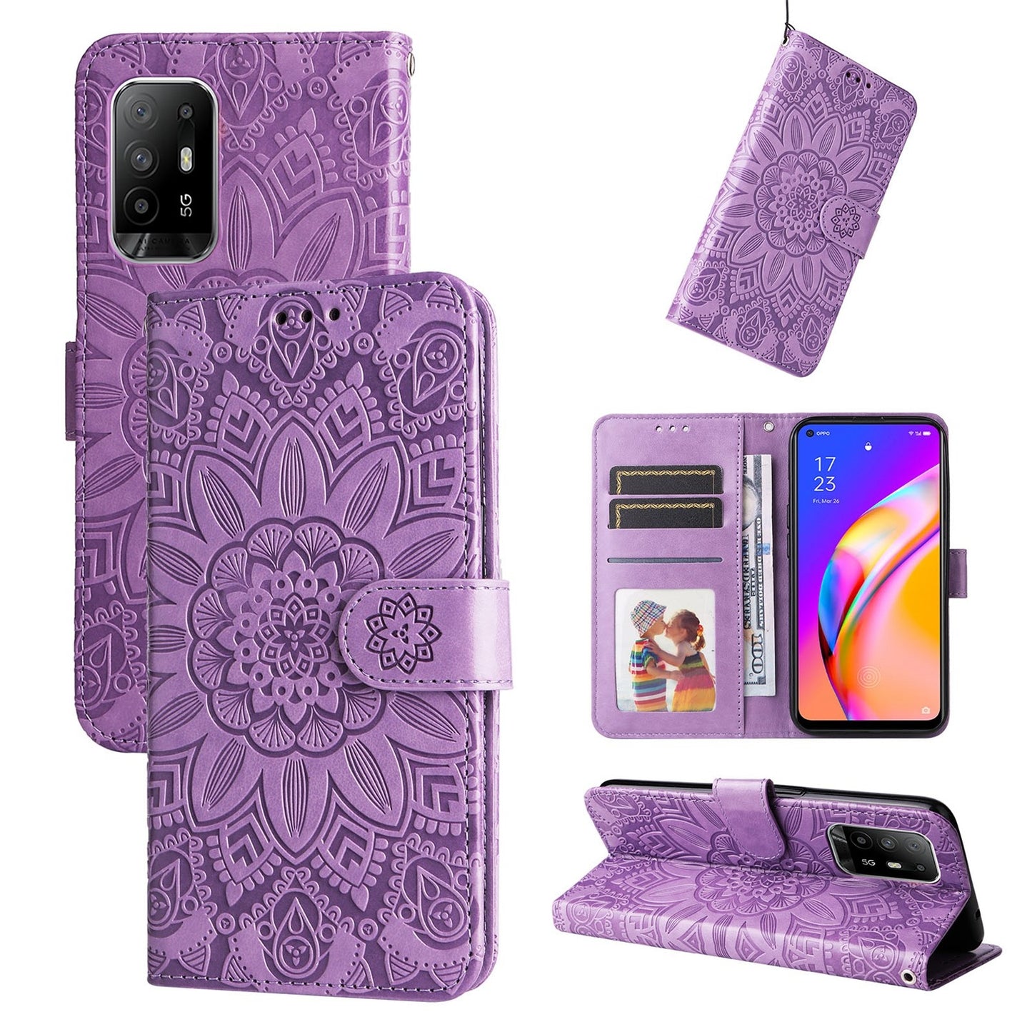 OPPO A95 5G Sunflower Embossed Leather Wallet Phone Case with Kickstand and Card Holder