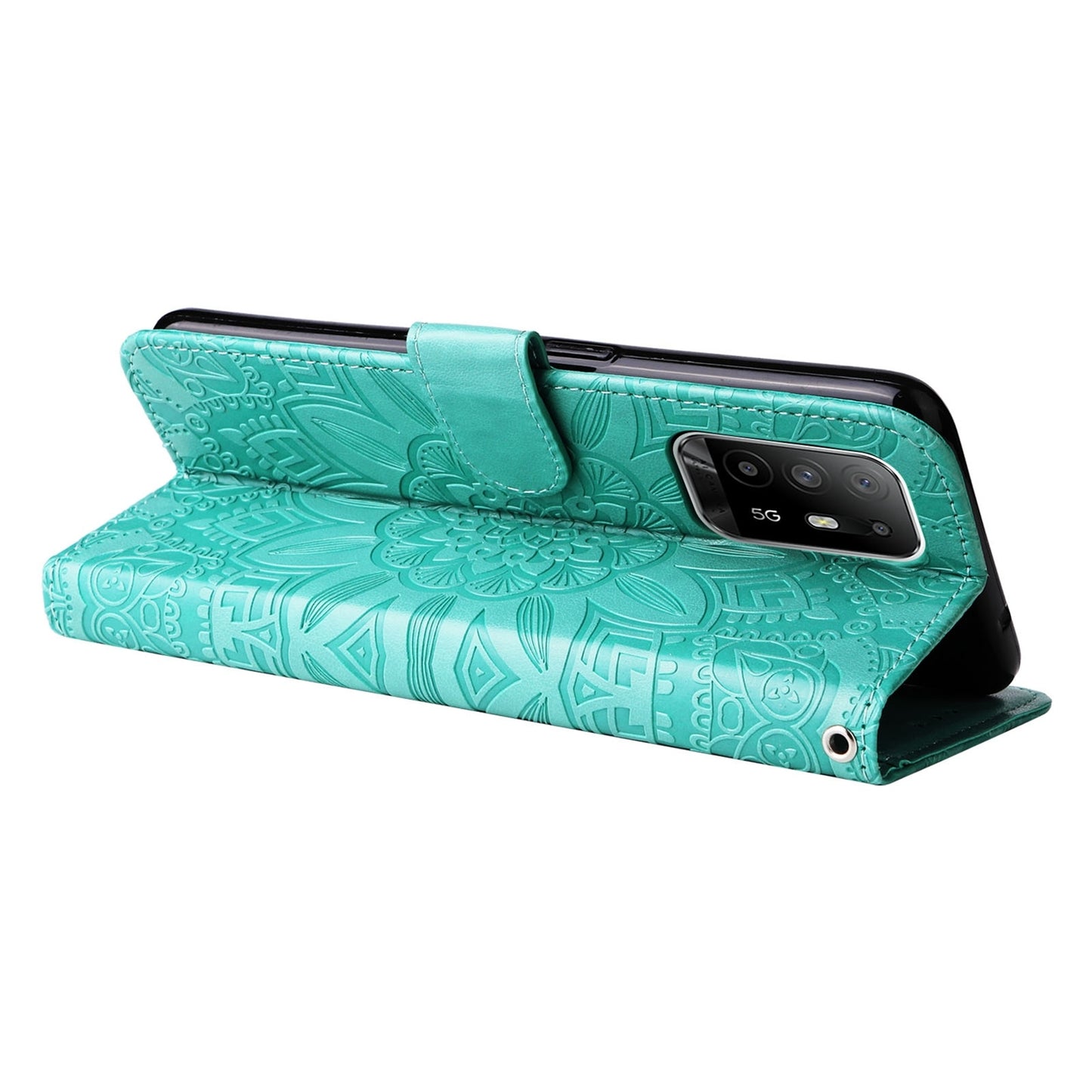 OPPO A95 5G Sunflower Embossed Leather Wallet Phone Case with Kickstand and Card Holder