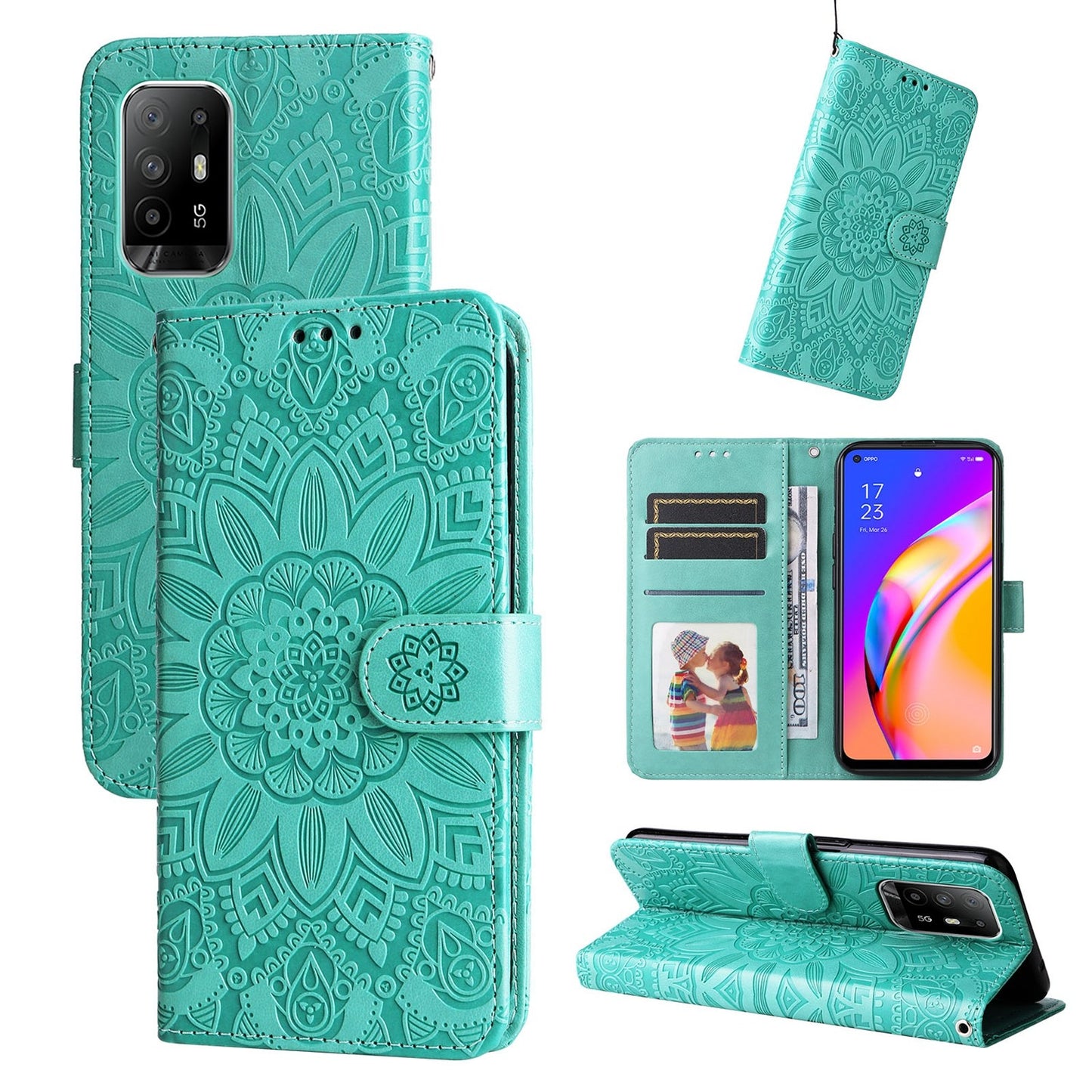 OPPO A94 5G Sunflower Embossed Leather Wallet Phone Case with Kickstand and Card Holder