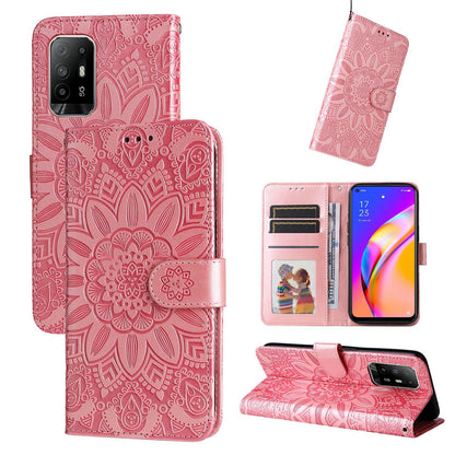 OPPO F19 Pro+ Sunflower Embossed Leather Wallet Phone Case with Kickstand and Card Holder