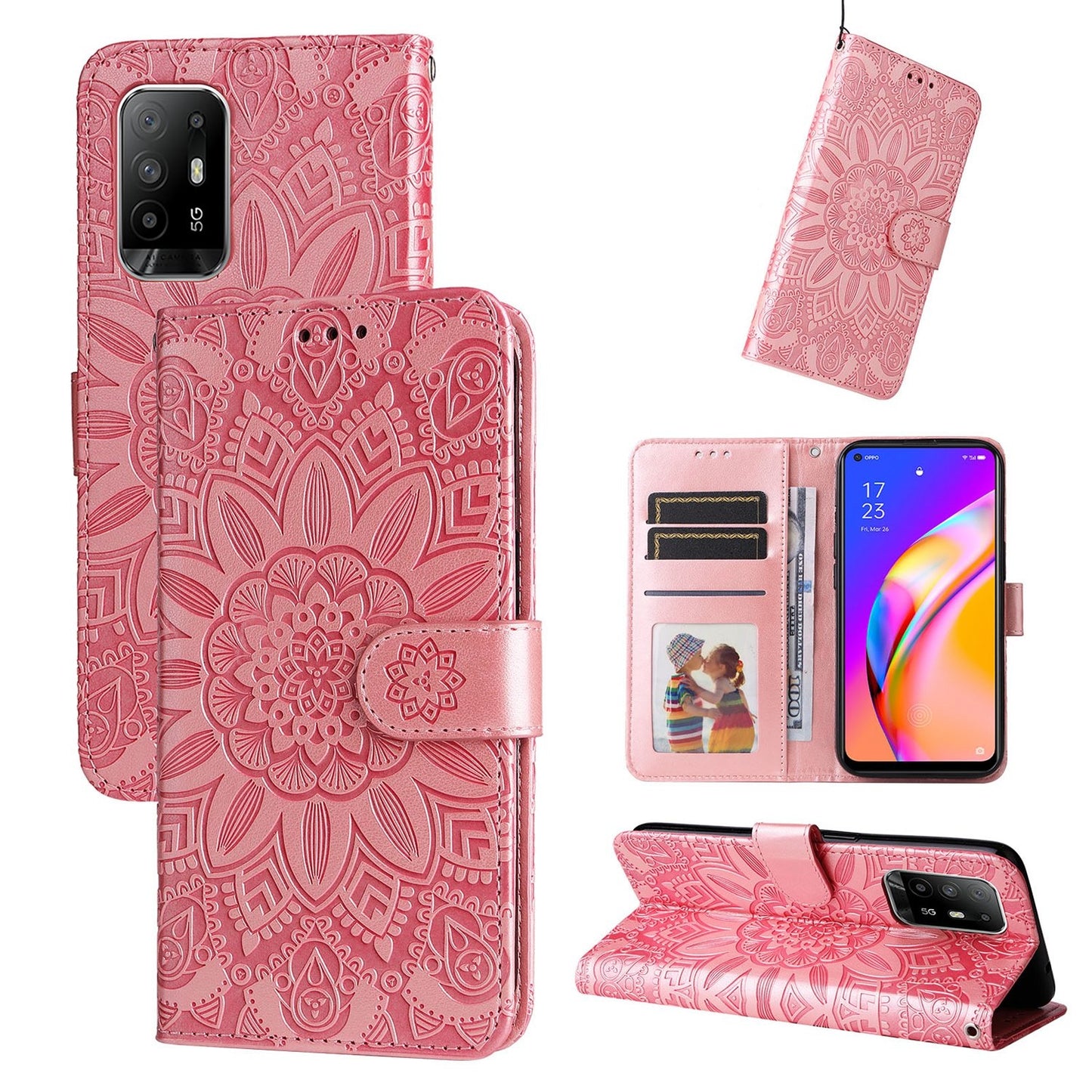 OPPO A95 5G Sunflower Embossed Leather Wallet Phone Case with Kickstand and Card Holder