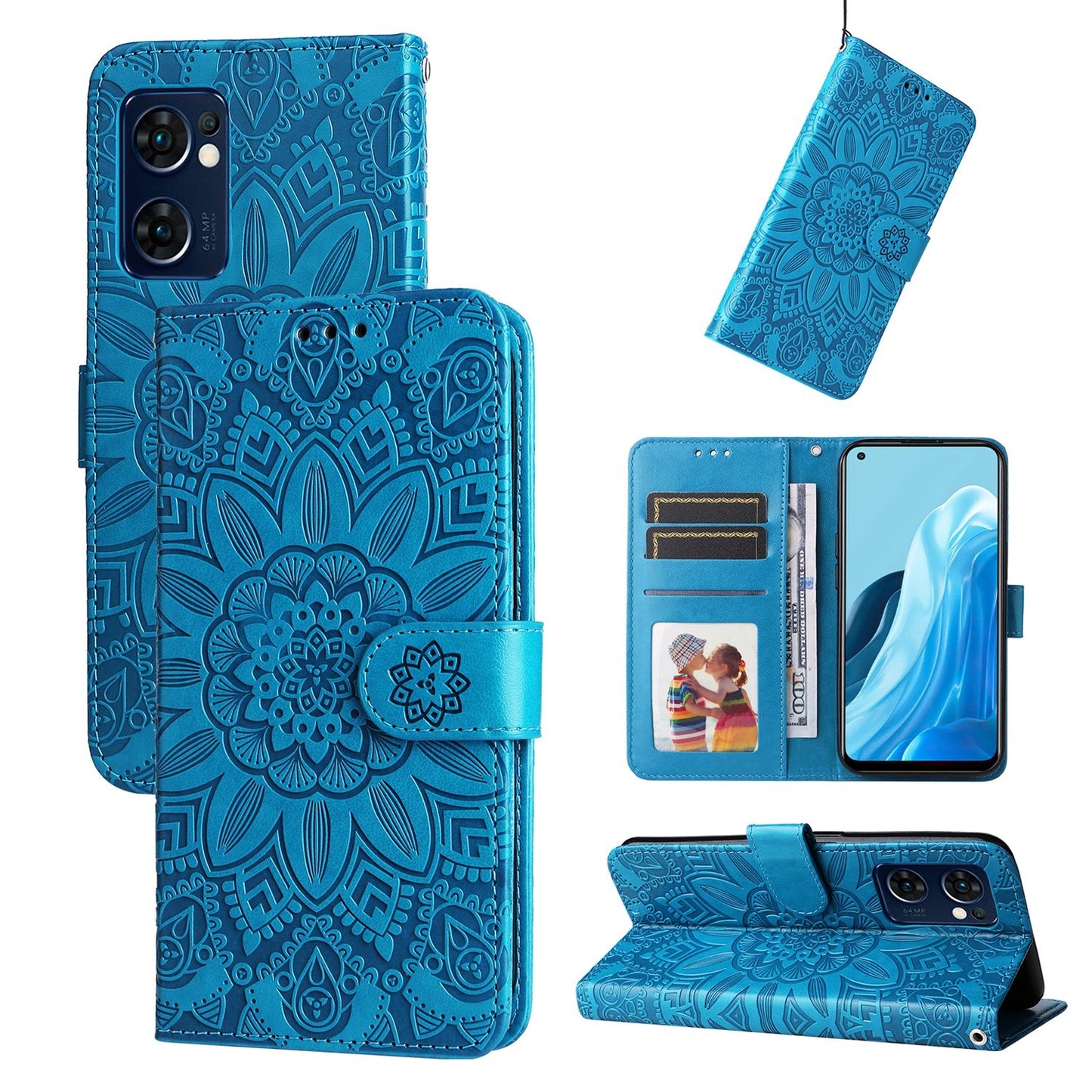 OPPO Find X5 Lite Sunflower Embossed Leather Wallet Phone Case with Kickstand and Card Holder