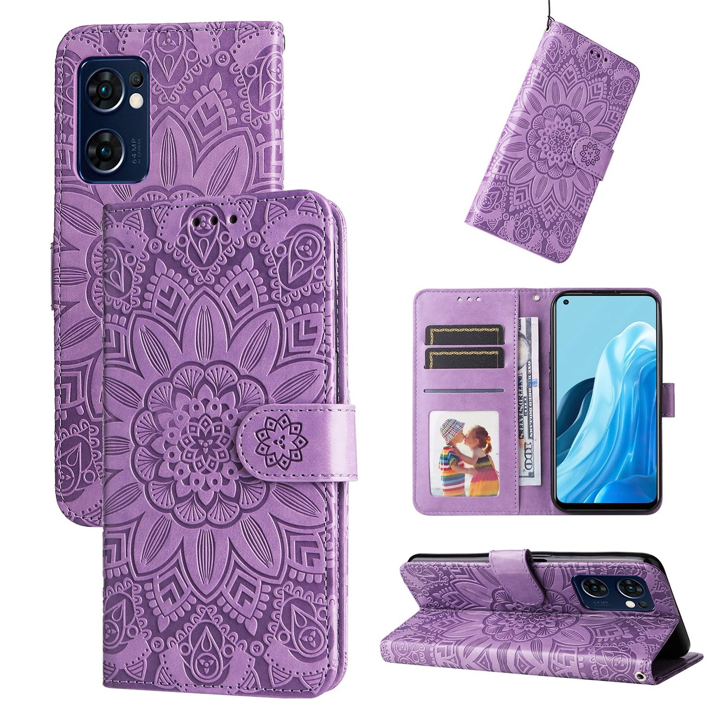 OPPO Find X5 Lite Sunflower Embossed Leather Wallet Phone Case with Kickstand and Card Holder