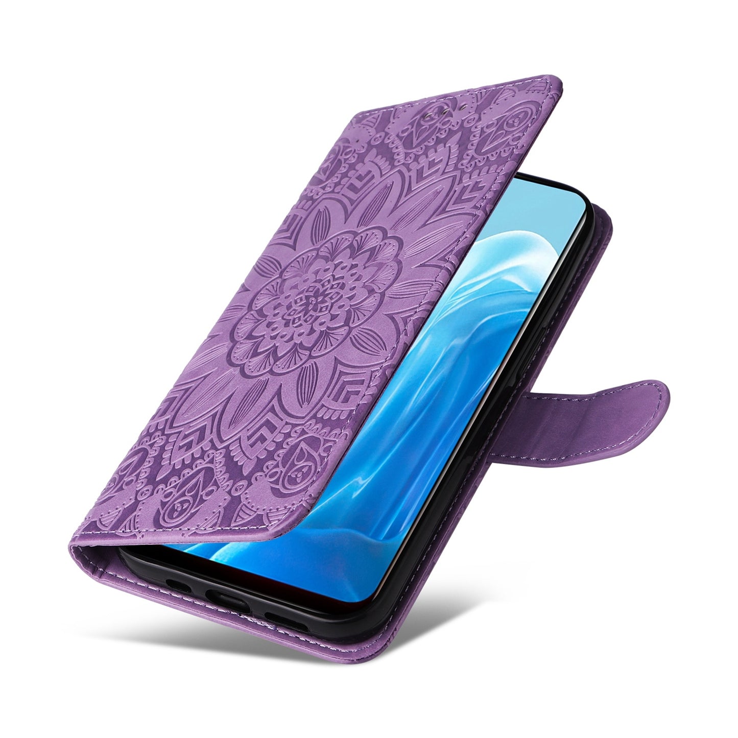 OPPO Find X5 Lite Sunflower Embossed Leather Wallet Phone Case with Kickstand and Card Holder