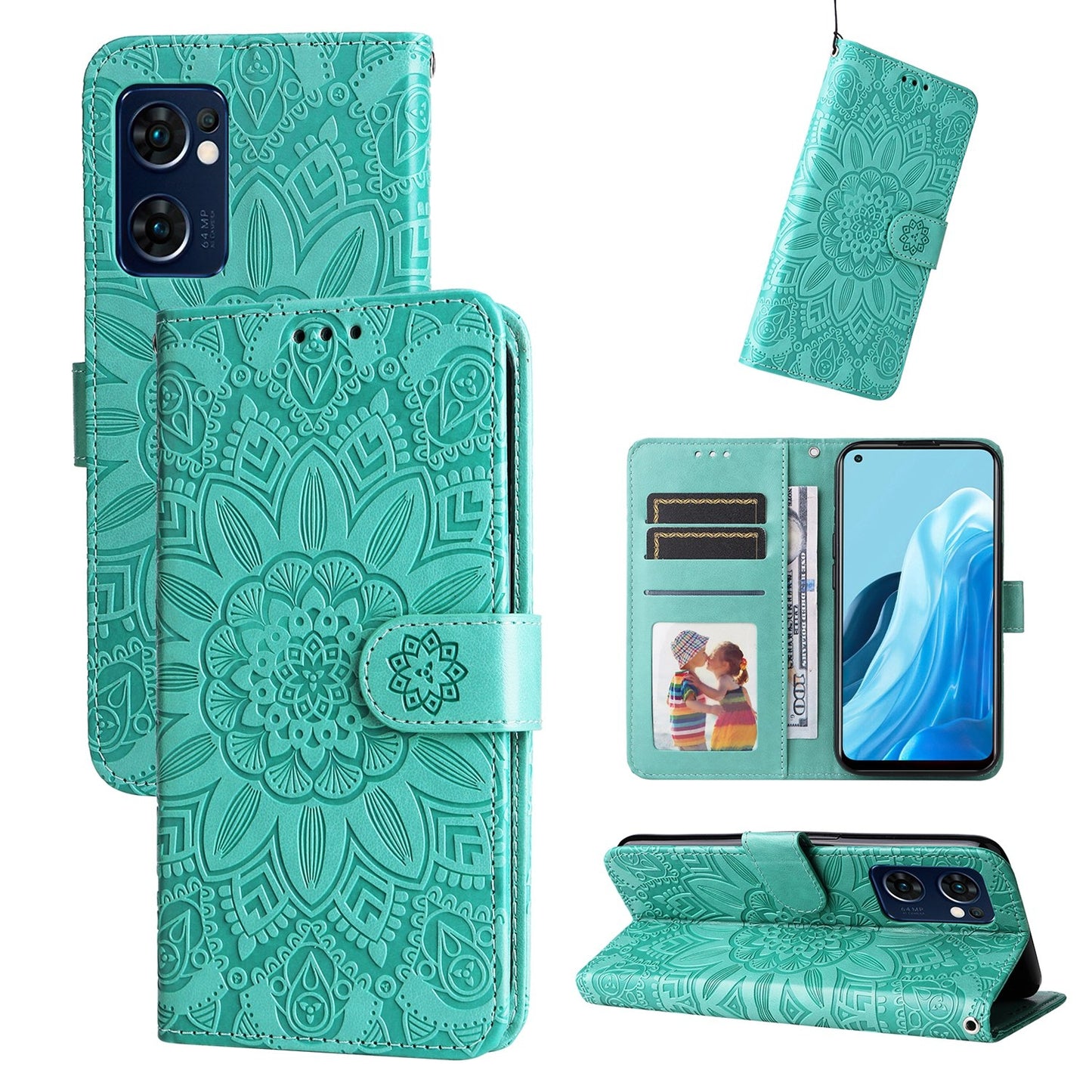OPPO Find X5 Lite Sunflower Embossed Leather Wallet Phone Case with Kickstand and Card Holder