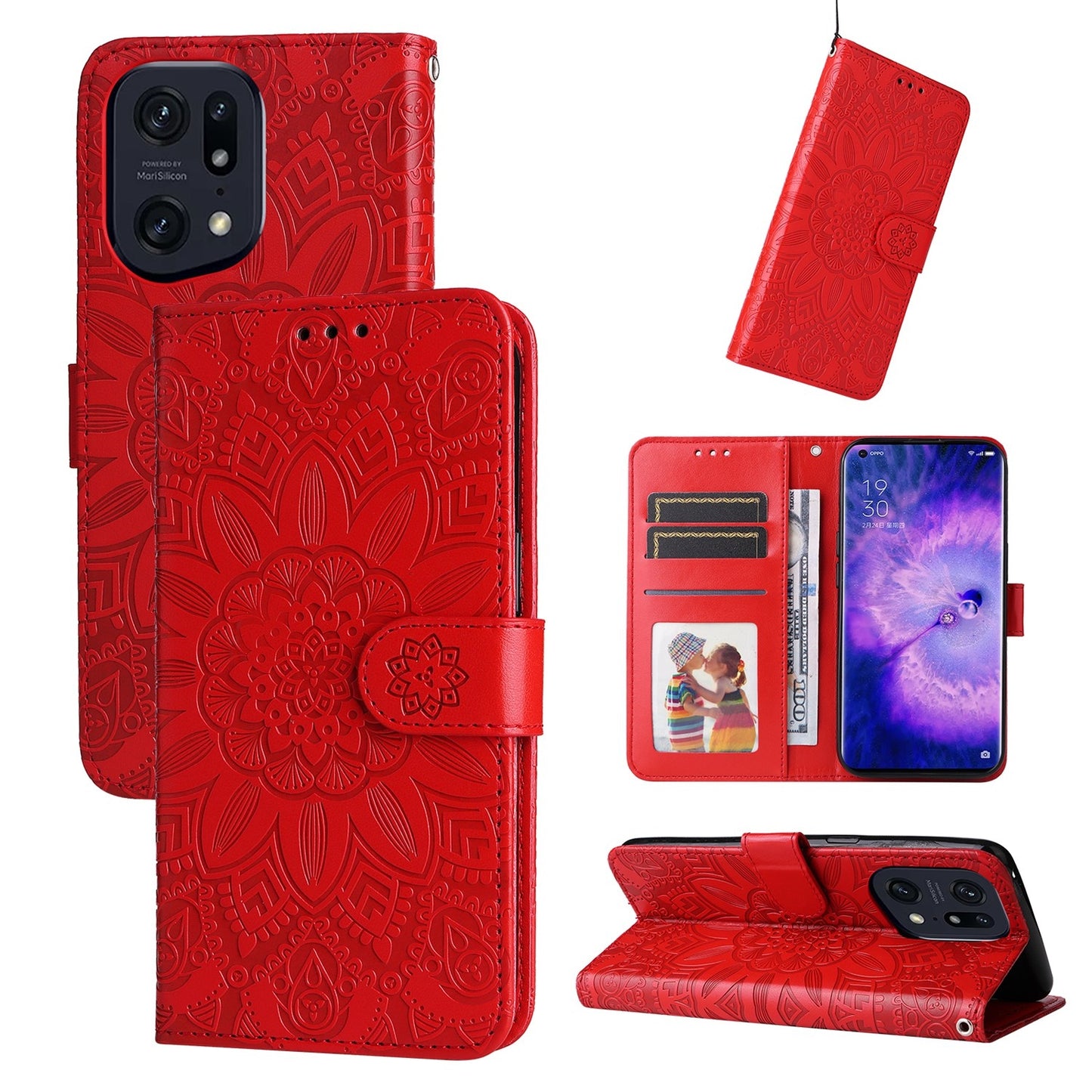 OPPO Find X5 Sunflower Embossed Leather Wallet Phone Case with Kickstand and Card Holder