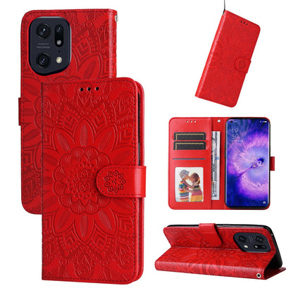 OPPO Find X5 Sunflower Embossed Leather Wallet Phone Case with Kickstand and Card Holder