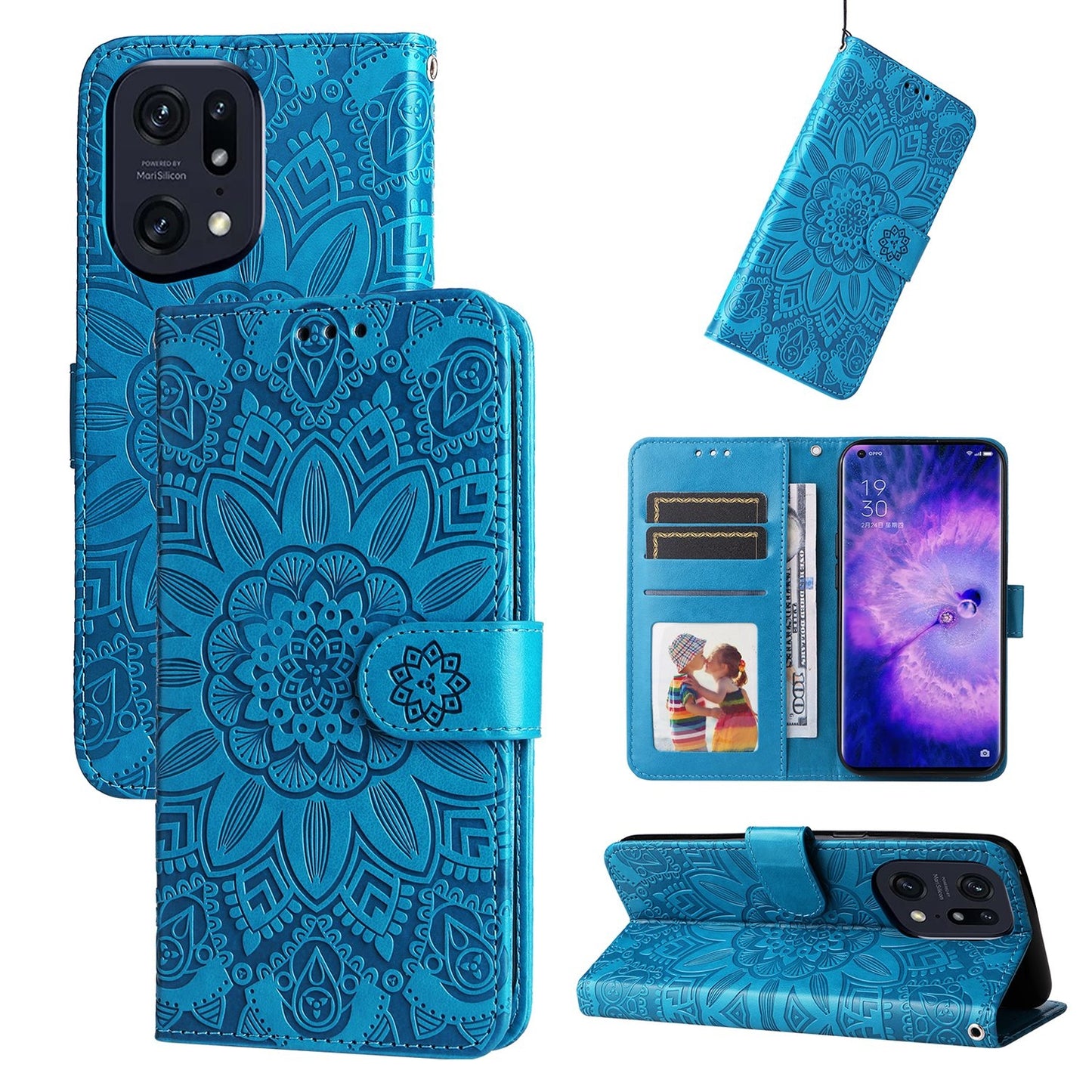 OPPO Find X5 Sunflower Embossed Leather Wallet Phone Case with Kickstand and Card Holder