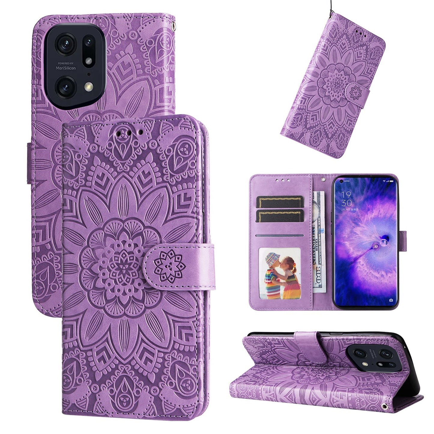OPPO Find X5 Sunflower Embossed Leather Wallet Phone Case with Kickstand and Card Holder
