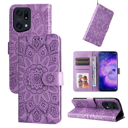 OPPO Find X5 Sunflower Embossed Leather Wallet Phone Case with Kickstand and Card Holder