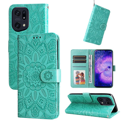 OPPO Find X5 Sunflower Embossed Leather Wallet Phone Case with Kickstand and Card Holder