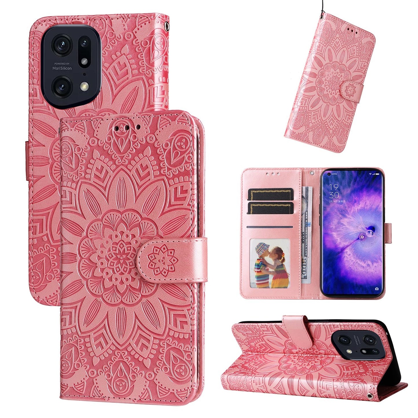 OPPO Find X5 Sunflower Embossed Leather Wallet Phone Case with Kickstand and Card Holder