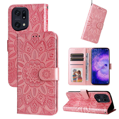 OPPO Find X5 Sunflower Embossed Leather Wallet Phone Case with Kickstand and Card Holder