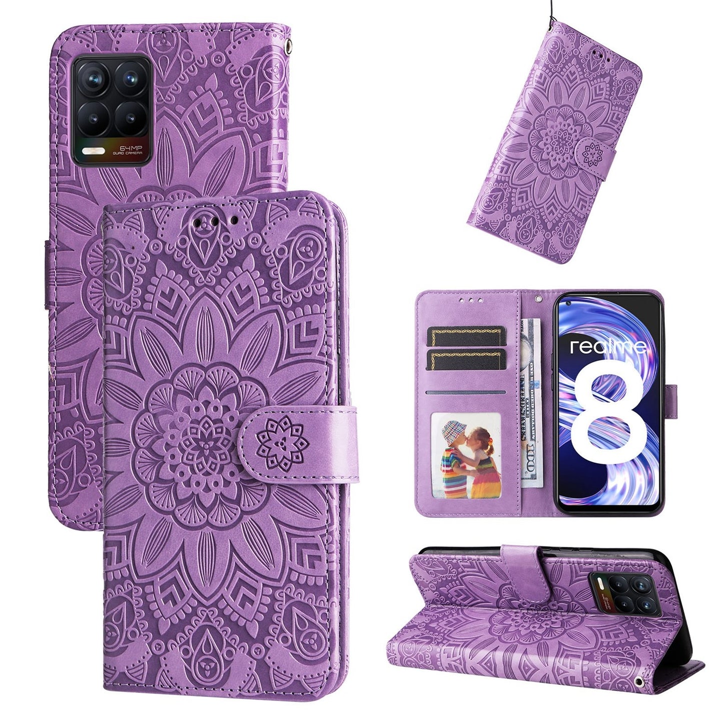 OPPO Find X5 Pro Sunflower Embossed Leather Wallet Phone Case with Kickstand and Card Holder