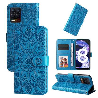 Realme 8 4G Sunflower Embossed Leather Wallet Phone Case with Kickstand and Card Holder