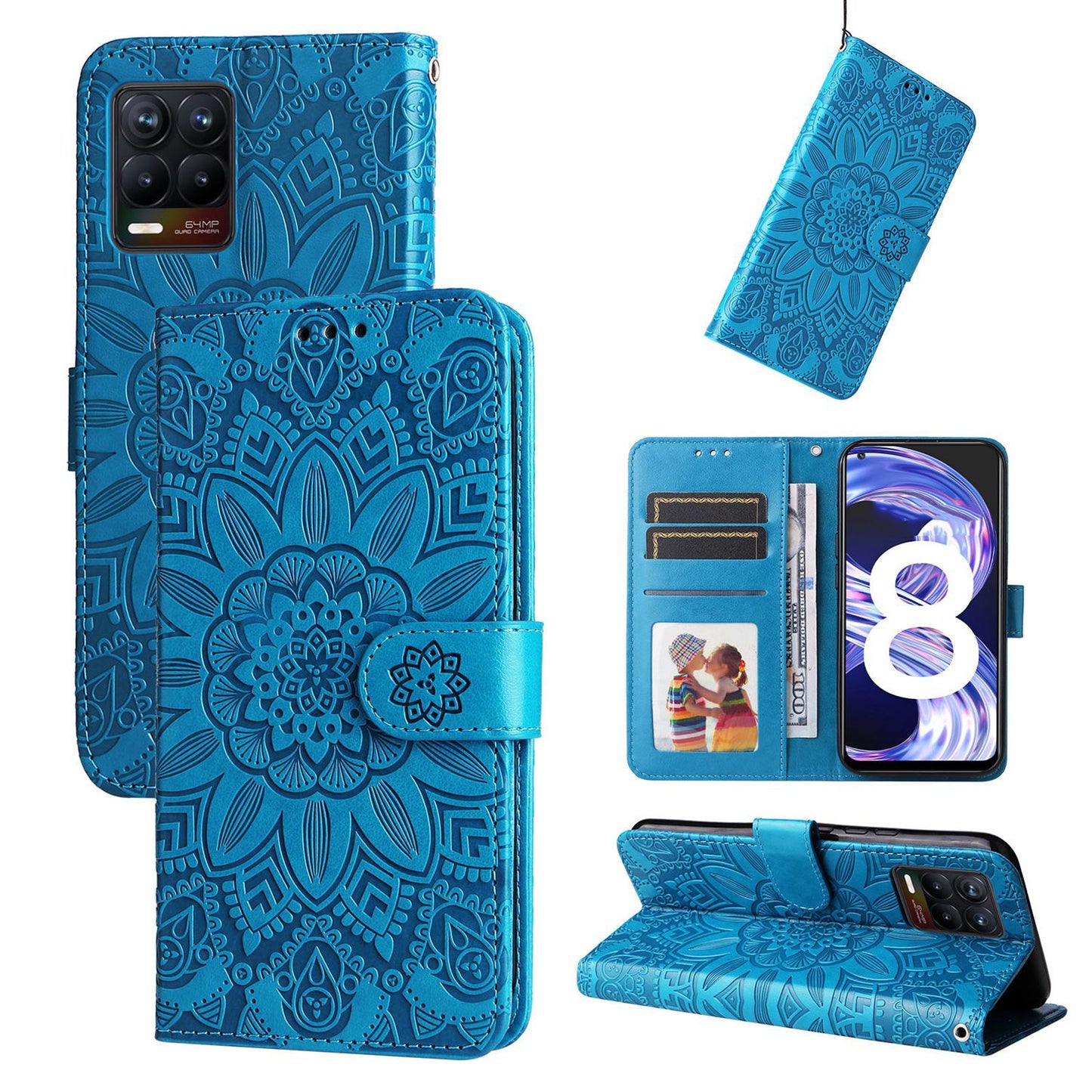 Realme 8 Pro Sunflower Embossed Leather Wallet Phone Case with Kickstand and Card Holder