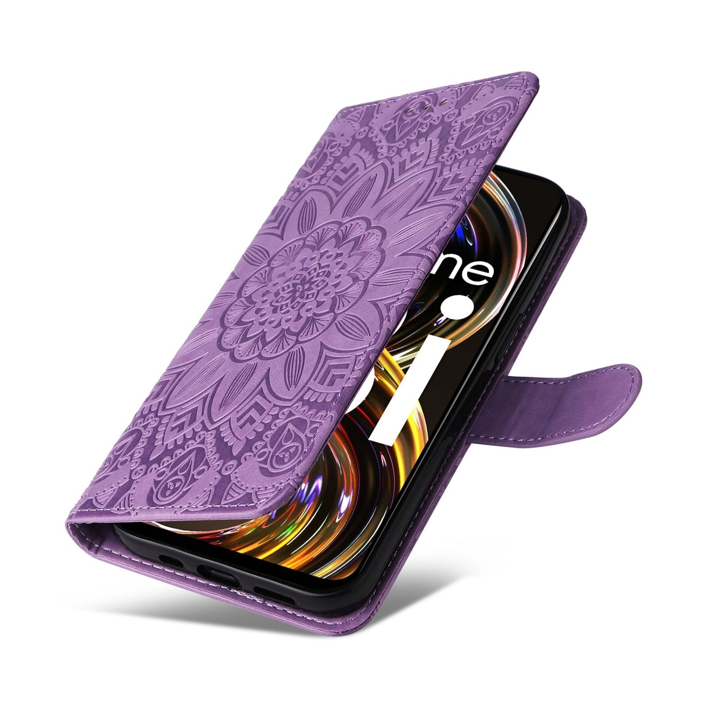 Realme 8 4G Sunflower Embossed Leather Wallet Phone Case with Kickstand and Card Holder