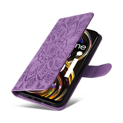 Realme 8 4G Sunflower Embossed Leather Wallet Phone Case with Kickstand and Card Holder