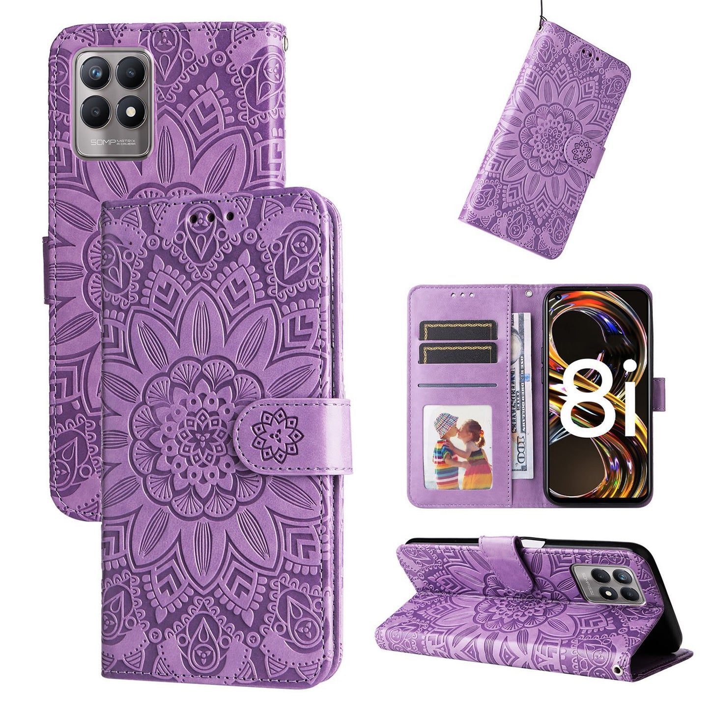 Realme 8i Sunflower Embossed Leather Wallet Phone Case with Kickstand and Card Holder