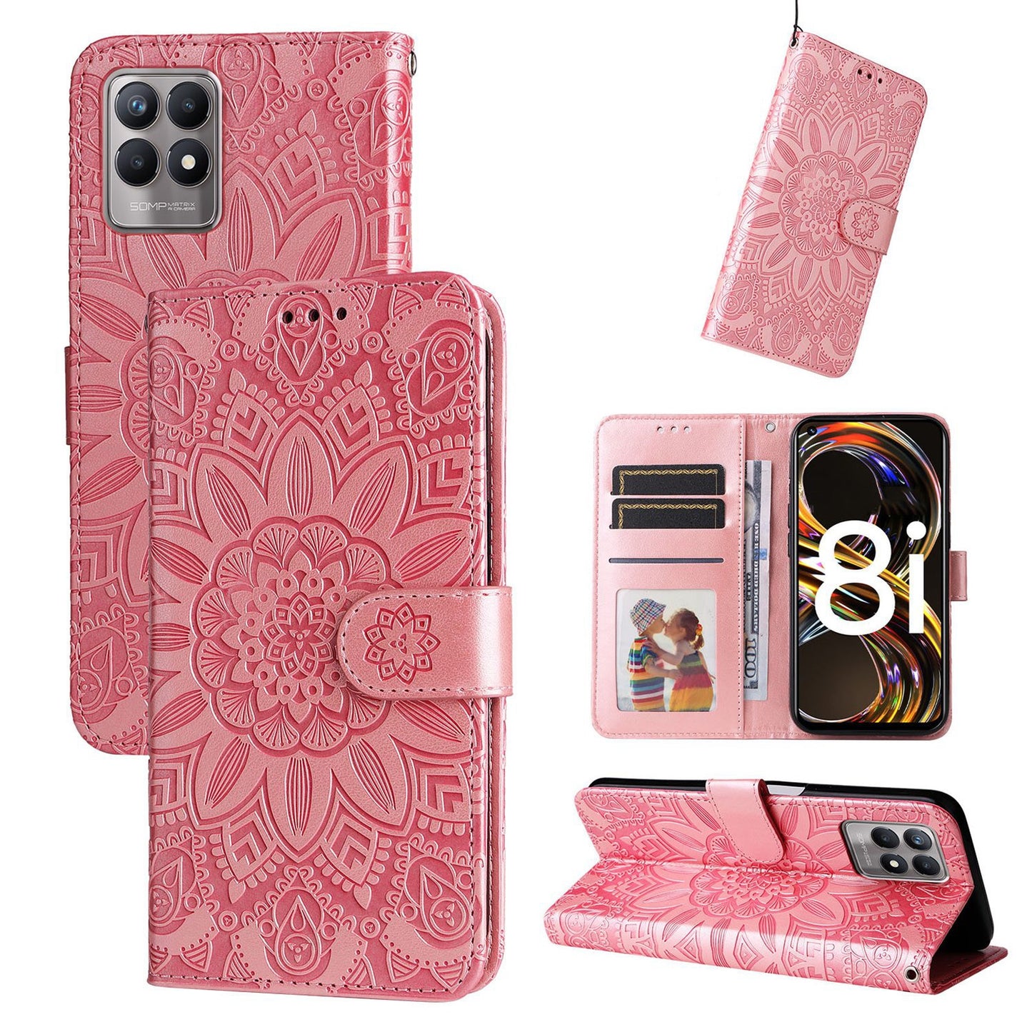 Realme 8i Sunflower Embossed Leather Wallet Phone Case with Kickstand and Card Holder