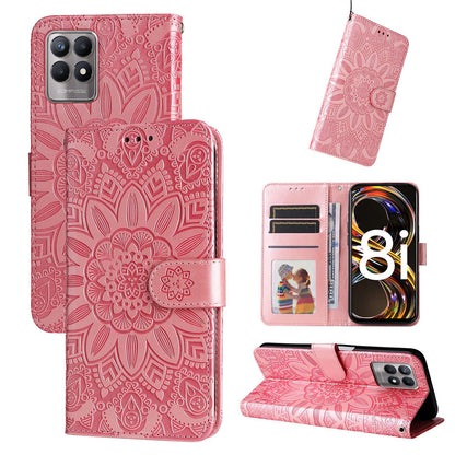 Realme 8i Sunflower Embossed Leather Wallet Phone Case with Kickstand and Card Holder