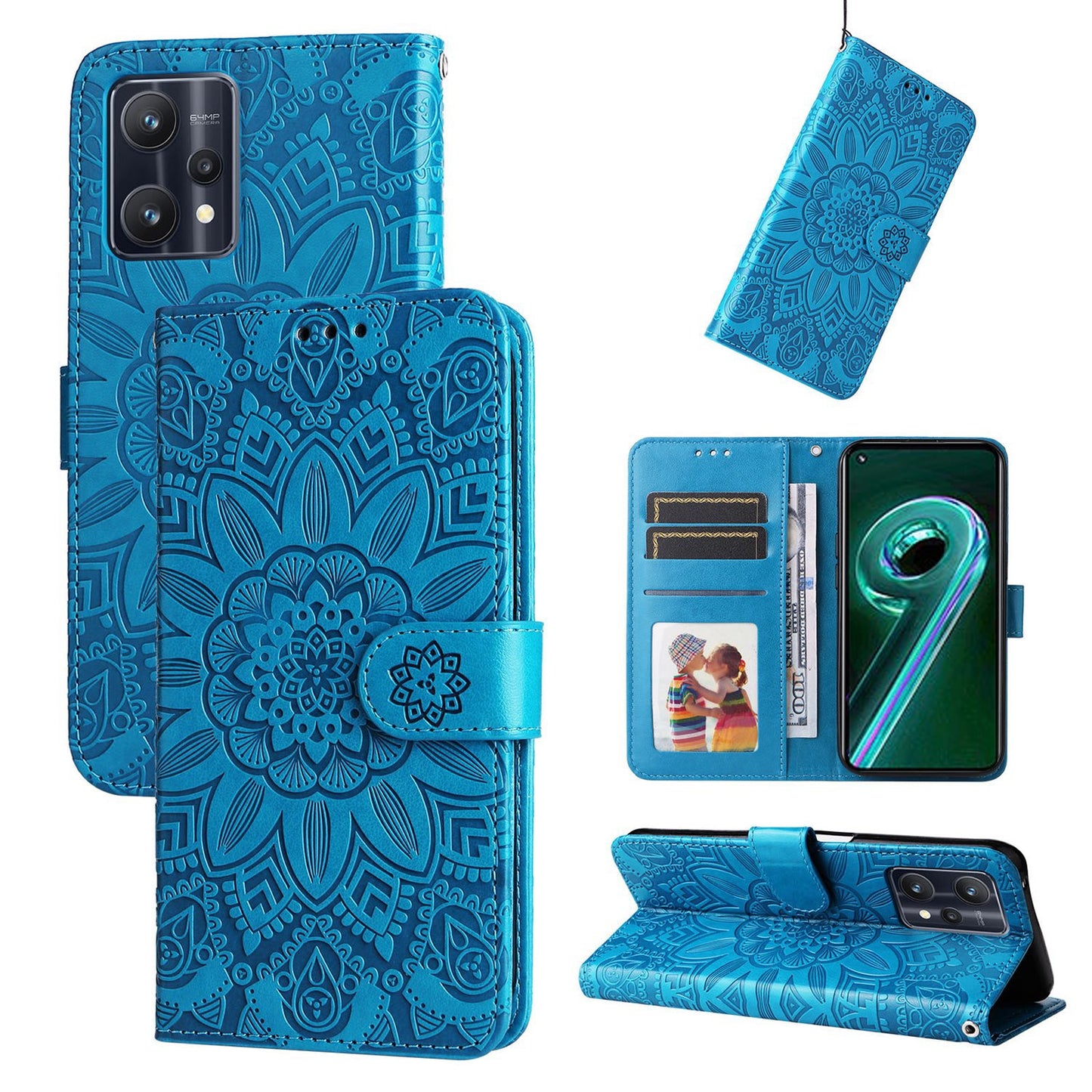 Realme 9 5G Sunflower Embossed Leather Wallet Phone Case with Kickstand and Card Holder