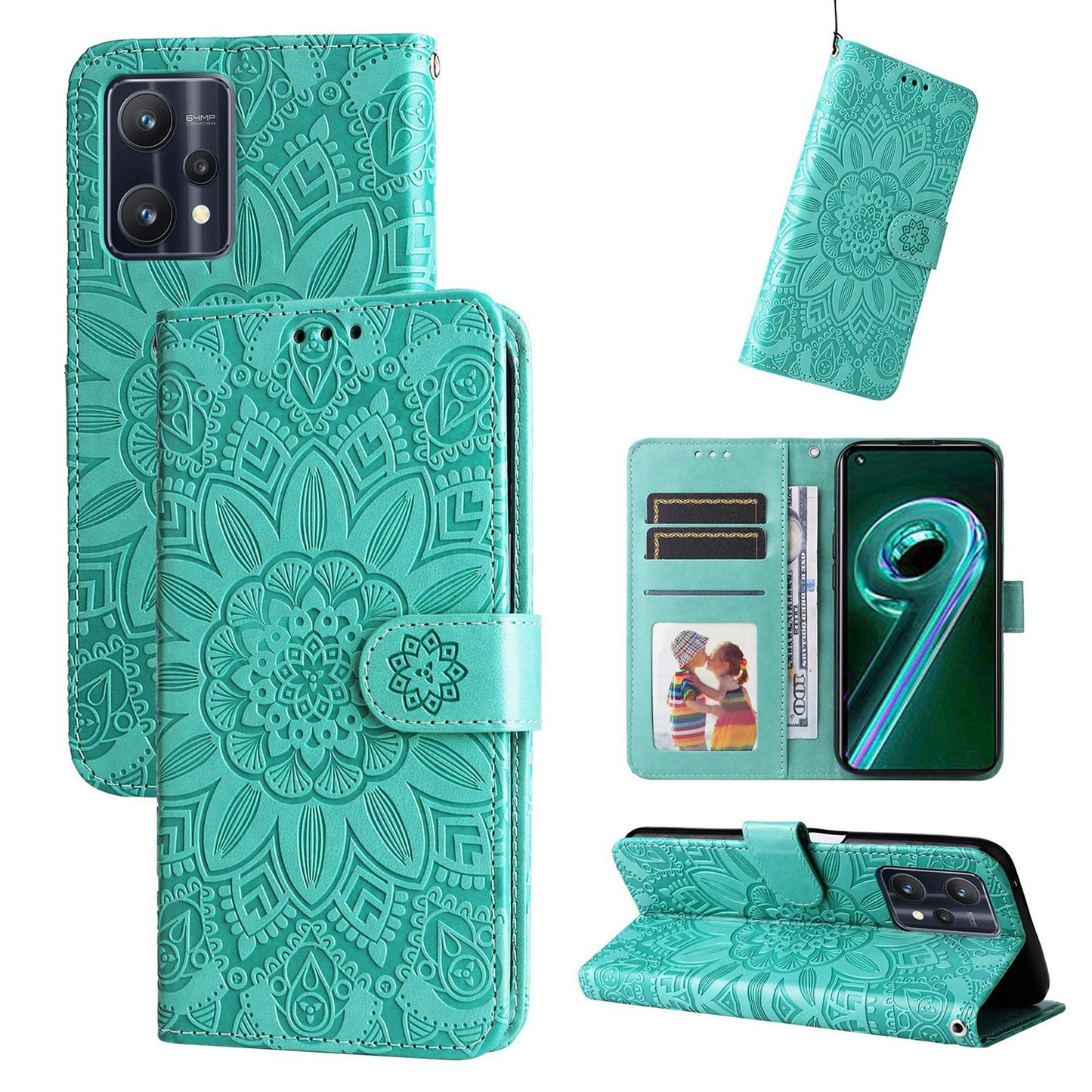 Realme 9 5G Sunflower Embossed Leather Wallet Phone Case with Kickstand and Card Holder