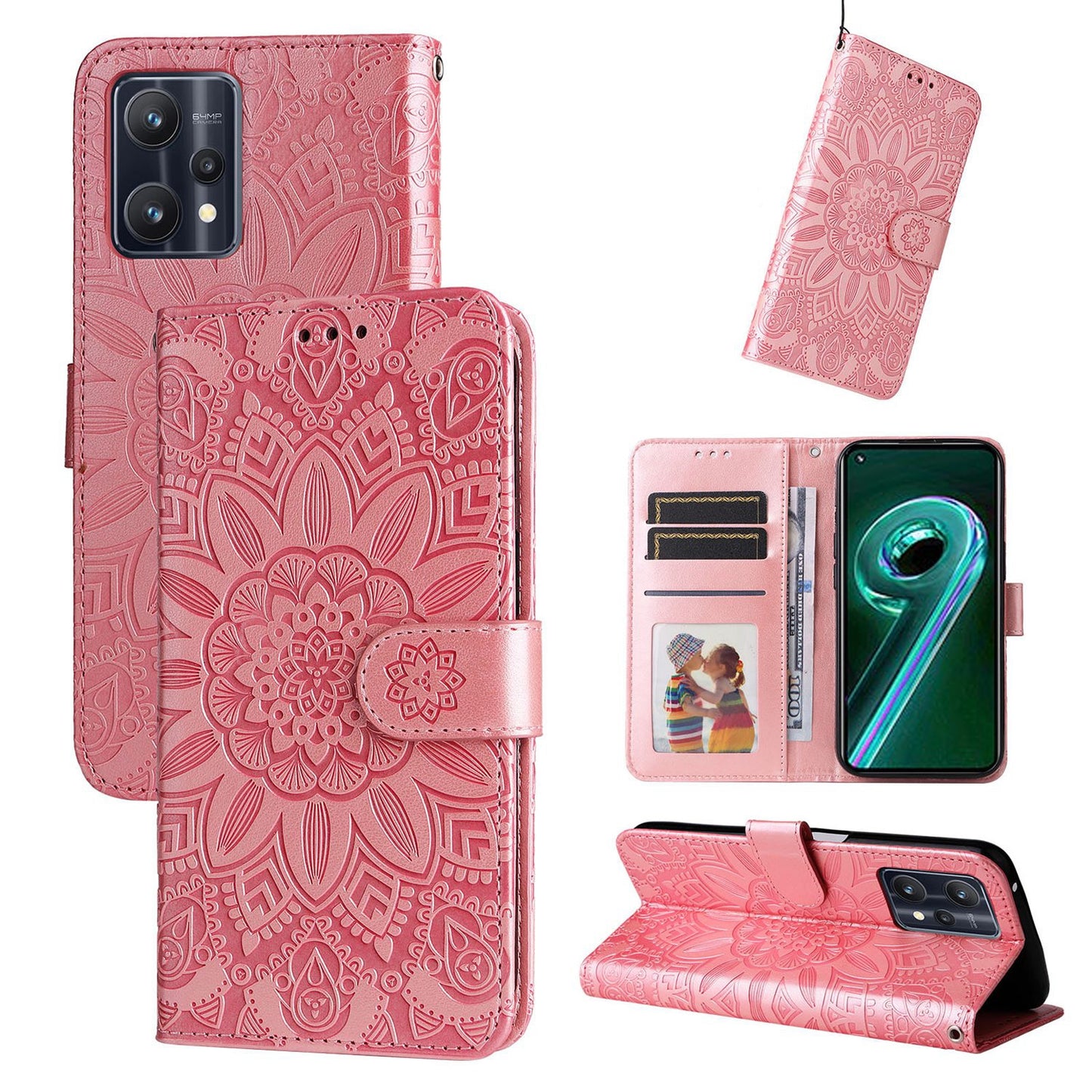 Realme 9 Pro Sunflower Embossed Leather Wallet Phone Case with Kickstand and Card Holder