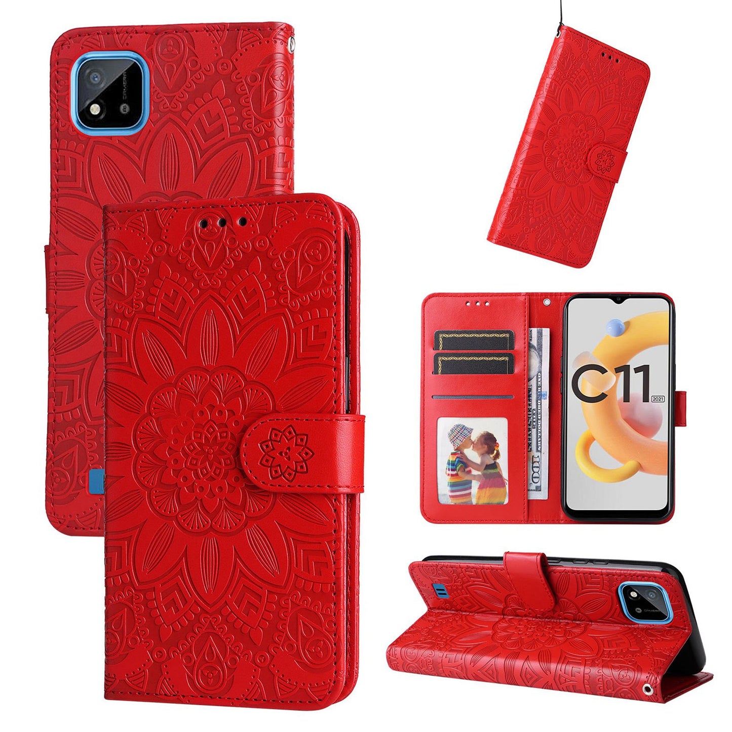 Realme C20 Sunflower Embossed Leather Wallet Phone Case with Kickstand and Card Holder