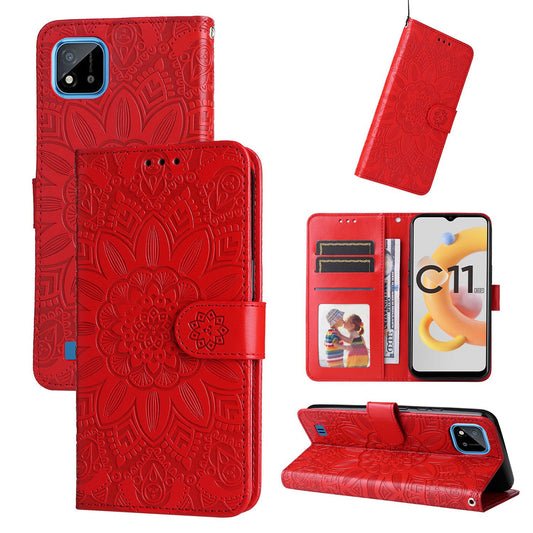 Realme C20 Sunflower Embossed Leather Wallet Phone Case with Kickstand and Card Holder