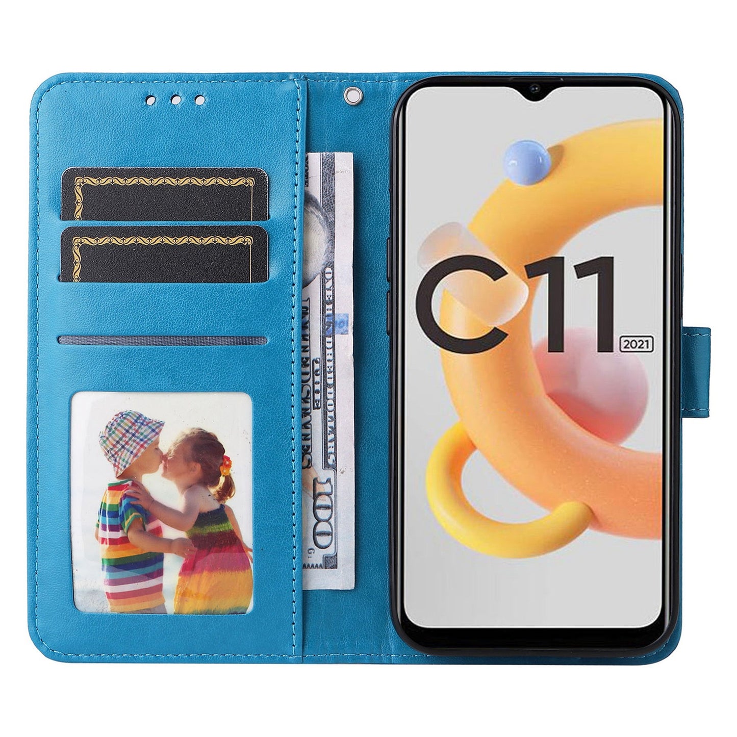 Realme C11 2021 Sunflower Embossed Leather Wallet Phone Case with Kickstand and Card Holder