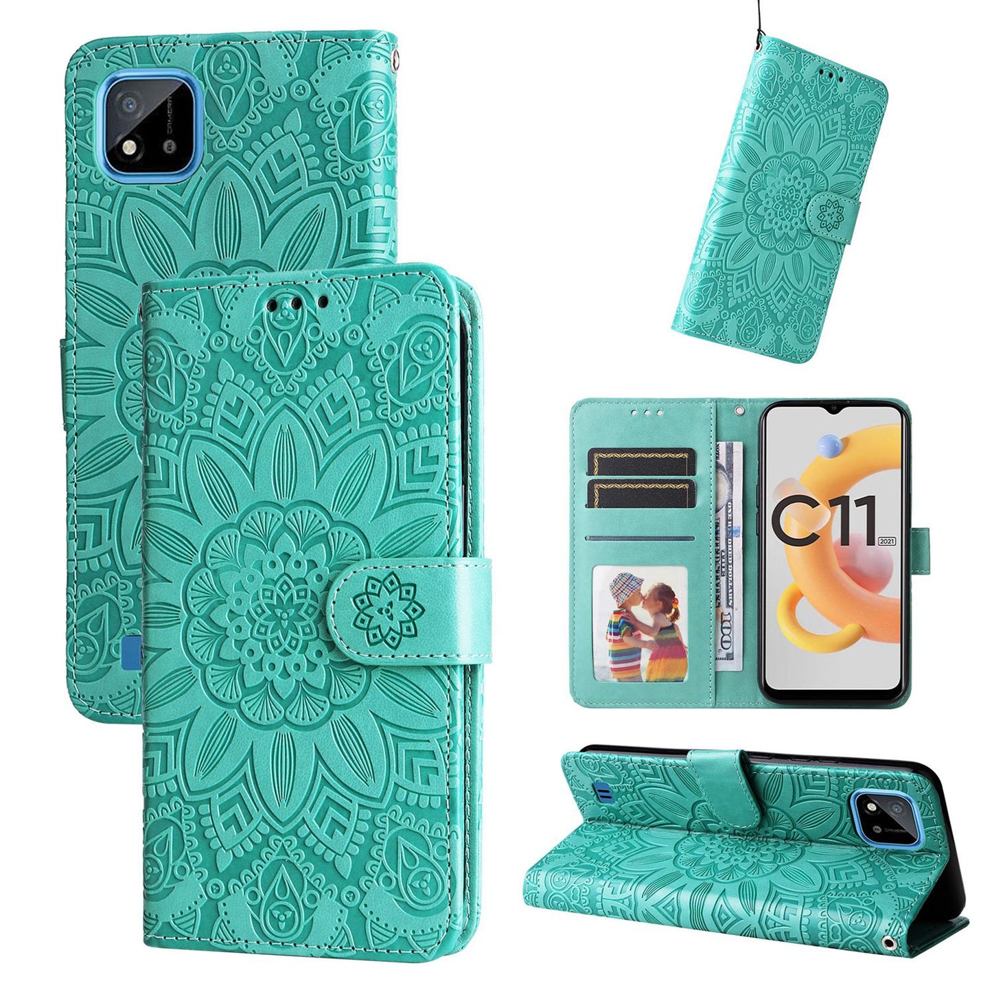 Realme C11 2021 Sunflower Embossed Leather Wallet Phone Case with Kickstand and Card Holder
