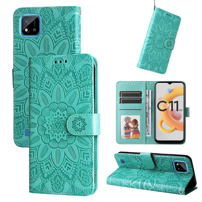 Realme C11 2021 Sunflower Embossed Leather Wallet Phone Case with Kickstand and Card Holder