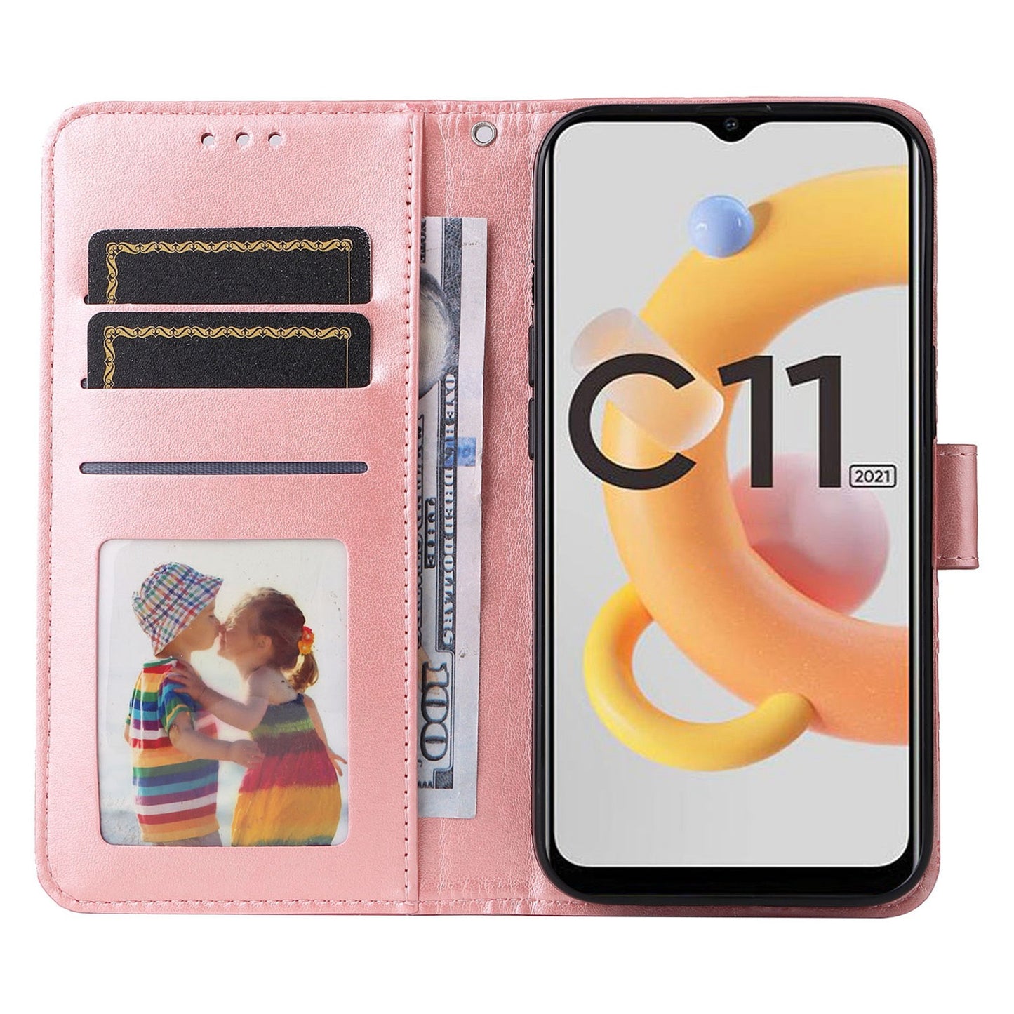 Realme C11 2021 Sunflower Embossed Leather Wallet Phone Case with Kickstand and Card Holder