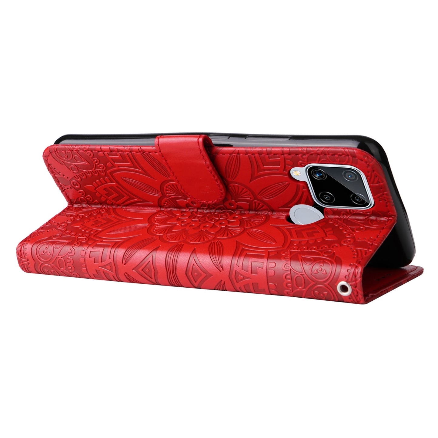 Realme C12 Sunflower Embossed Leather Wallet Phone Case with Kickstand and Card Holder