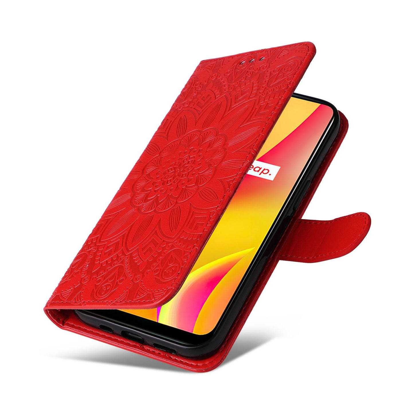 Realme C25 Sunflower Embossed Leather Wallet Phone Case with Kickstand and Card Holder