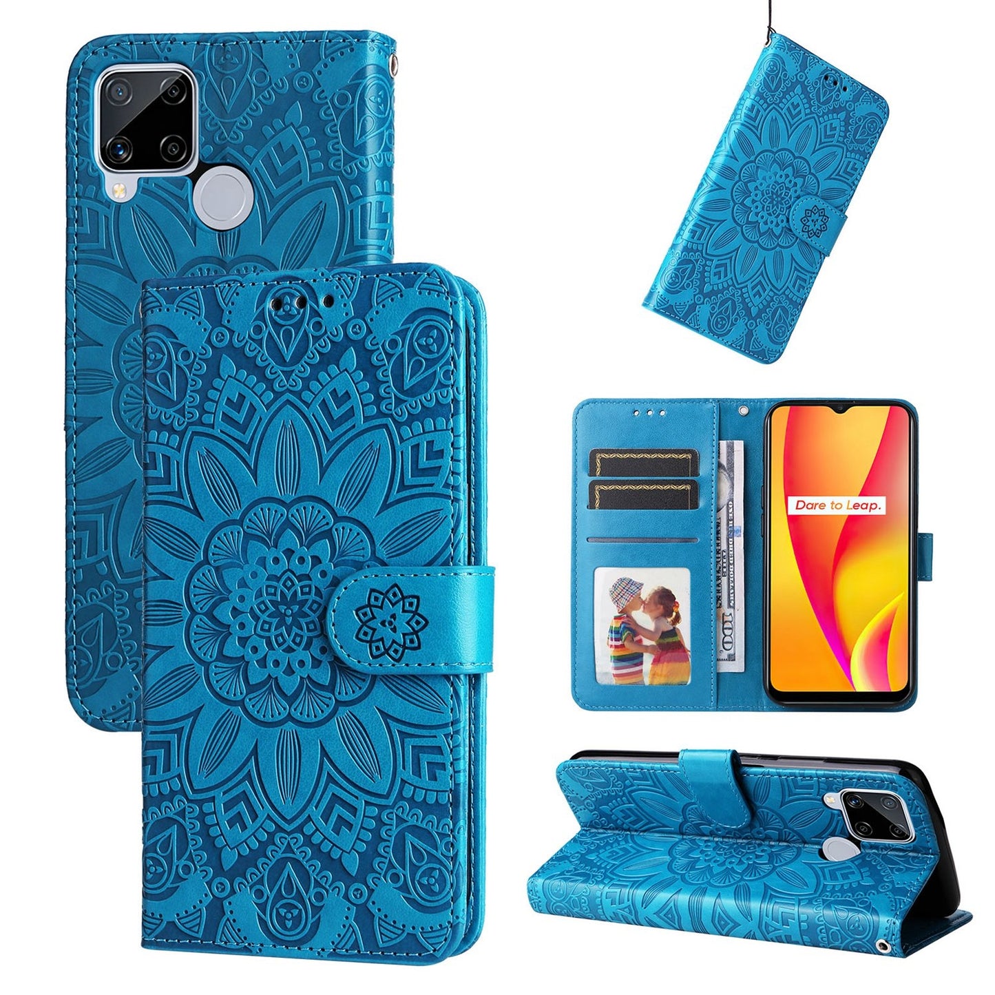 Realme C15 Sunflower Embossed Leather Wallet Phone Case with Kickstand and Card Holder